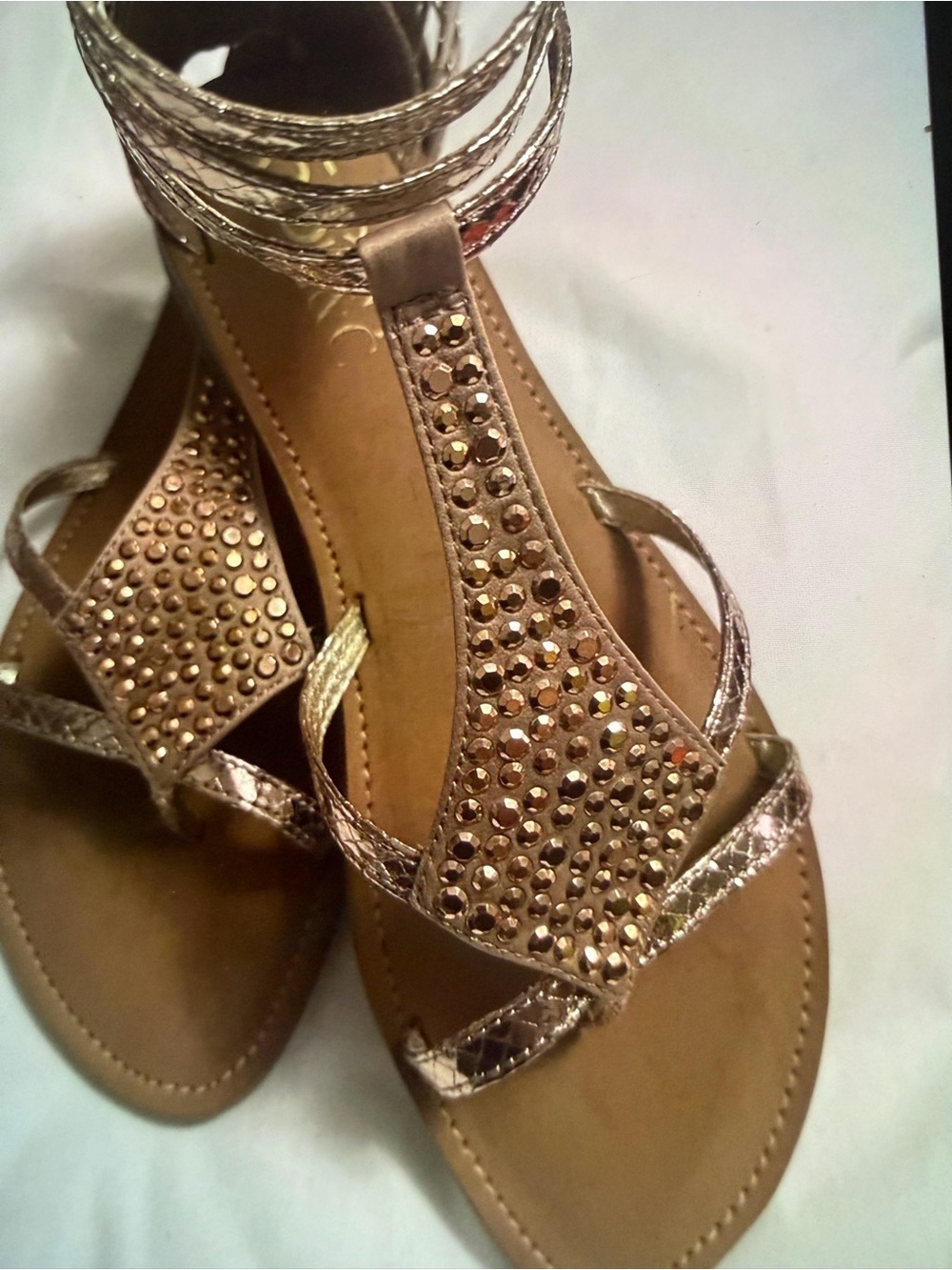 New York & Company Metallic Gold Jeweled T-Strap Sandals